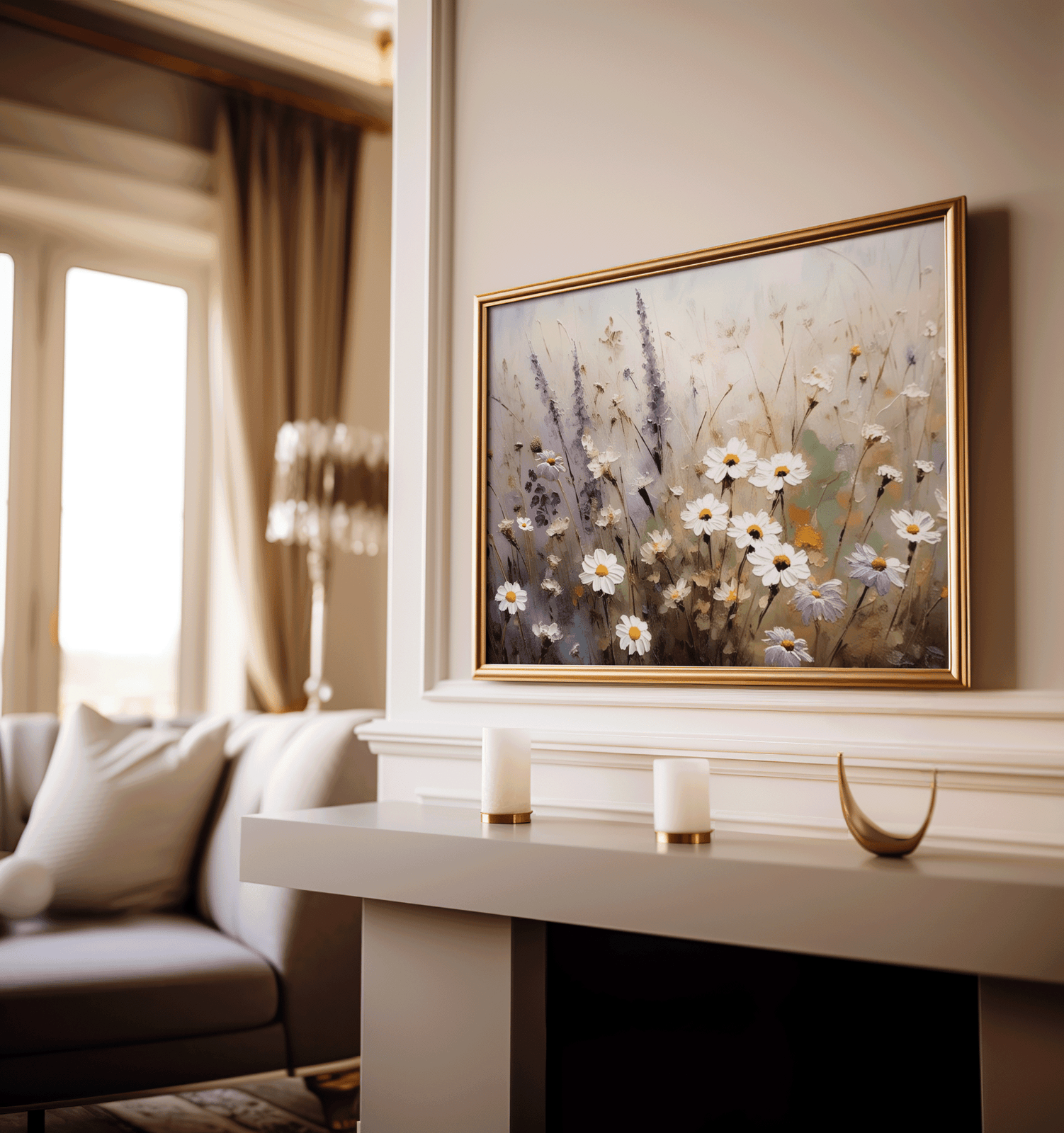 Daisy and lavender wildflower abstract art print in a gold frame displayed on a fireplace mantel in a simple, modern living room