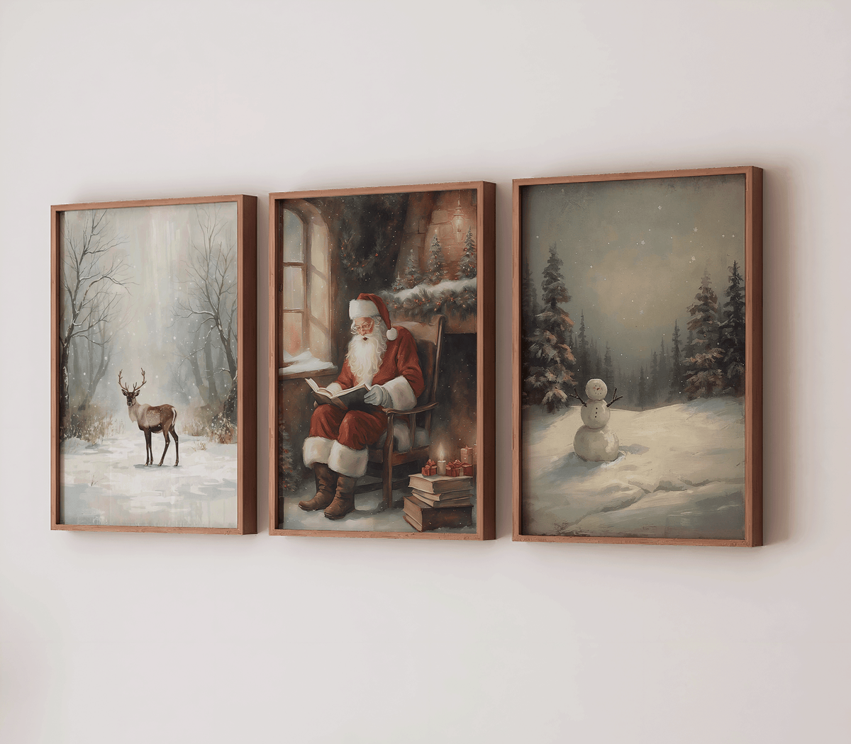Christmas wall art set of three with a snowy forest deer, a vintage Santa reading by candlelight and a snowman in a twilight pine forest