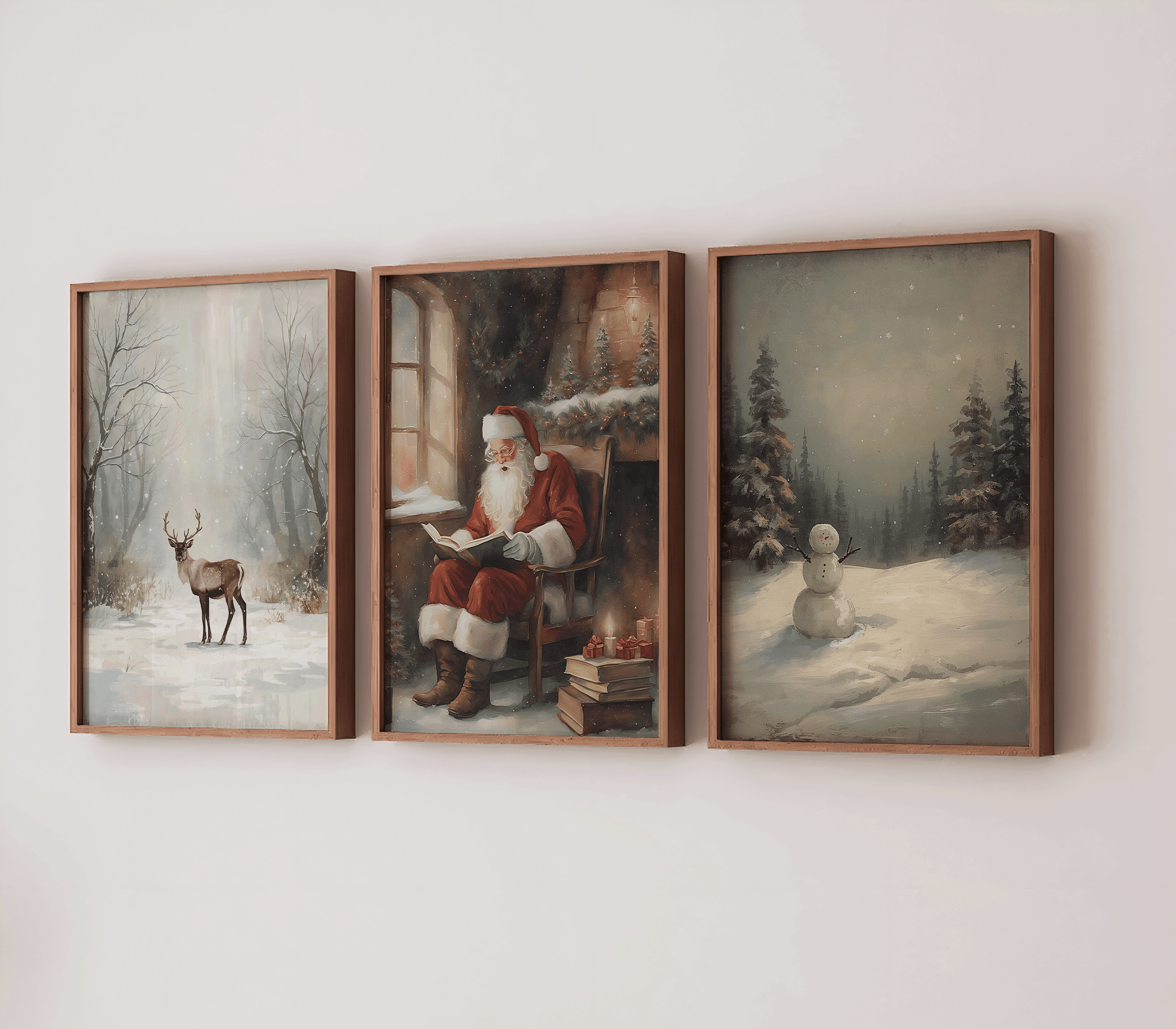 Three-piece Christmas wall art set featuring a painterly snowy forest deer, a warm indoor Santa reading scene with glowing candlelight, and a whimsical snowman in a twilight pine landscape — a cozy, nostalgic winter gallery trio perfect for rustic holiday décor.