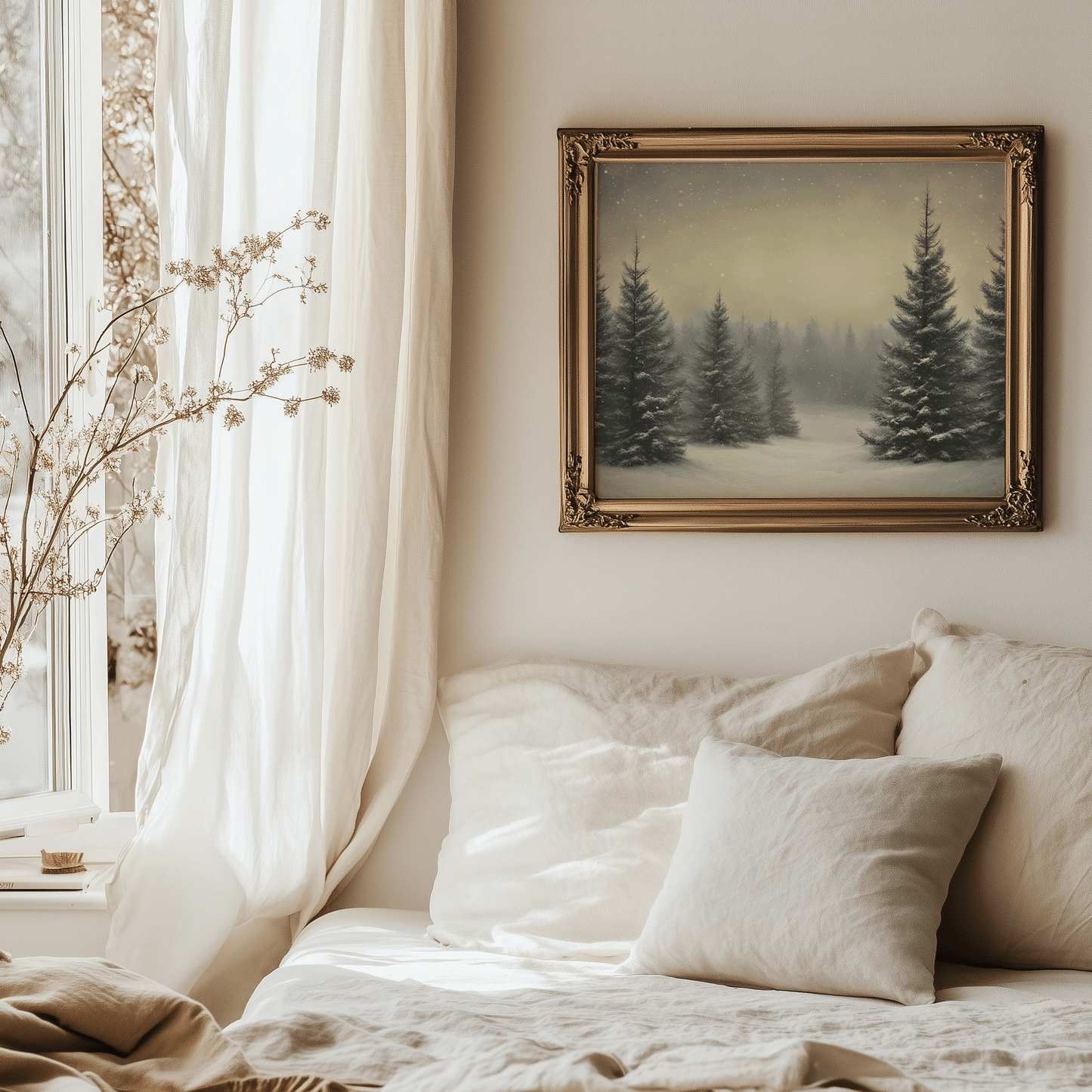 Framed winter forest artwork showing snow-covered pine trees beneath a hazy golden sky beside soft draped curtains in a vintage, boho-inspired bedroom