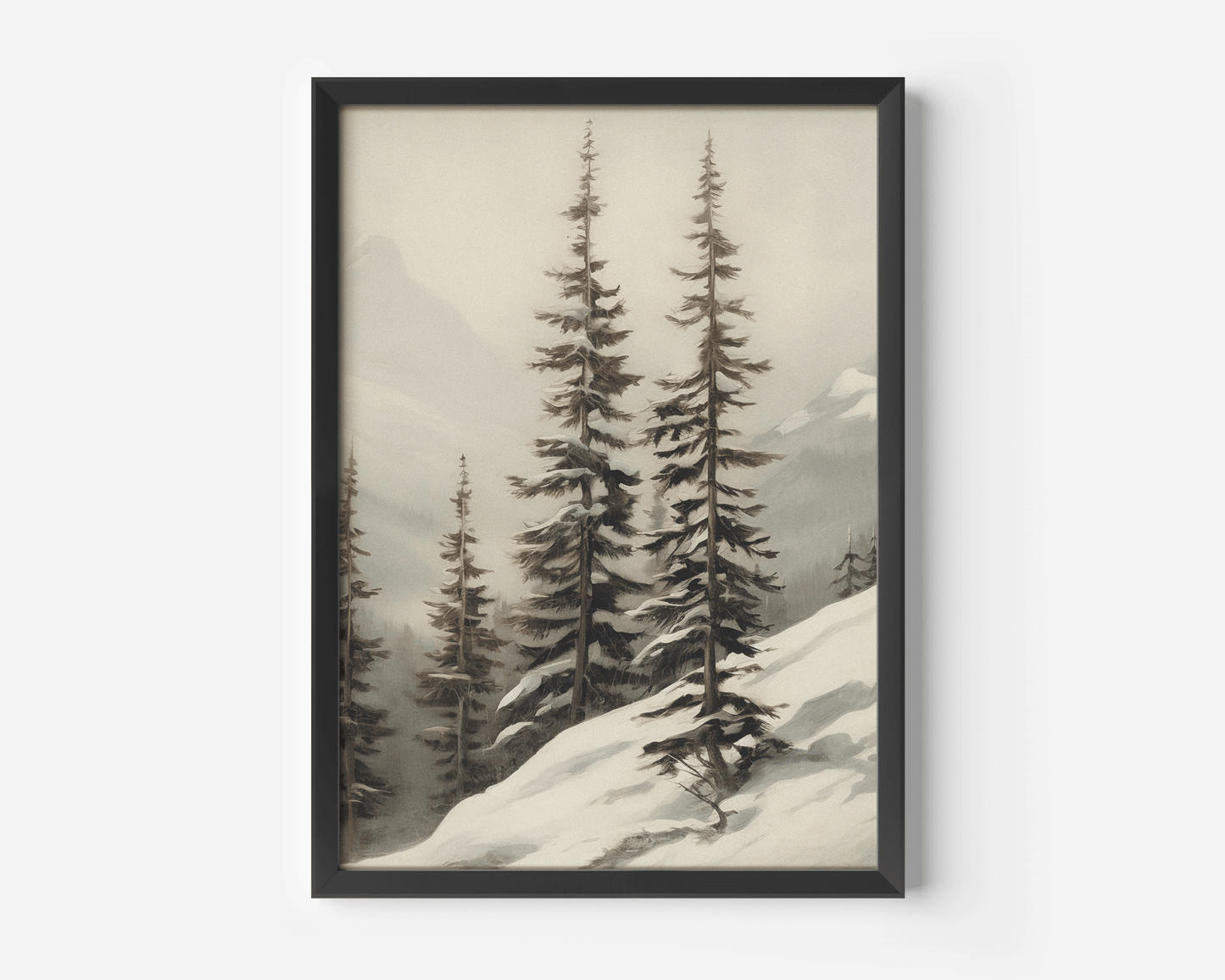 Neutral winter pine tree landscape wall art in black frame with snowy mountains, cozy rustic winter decor