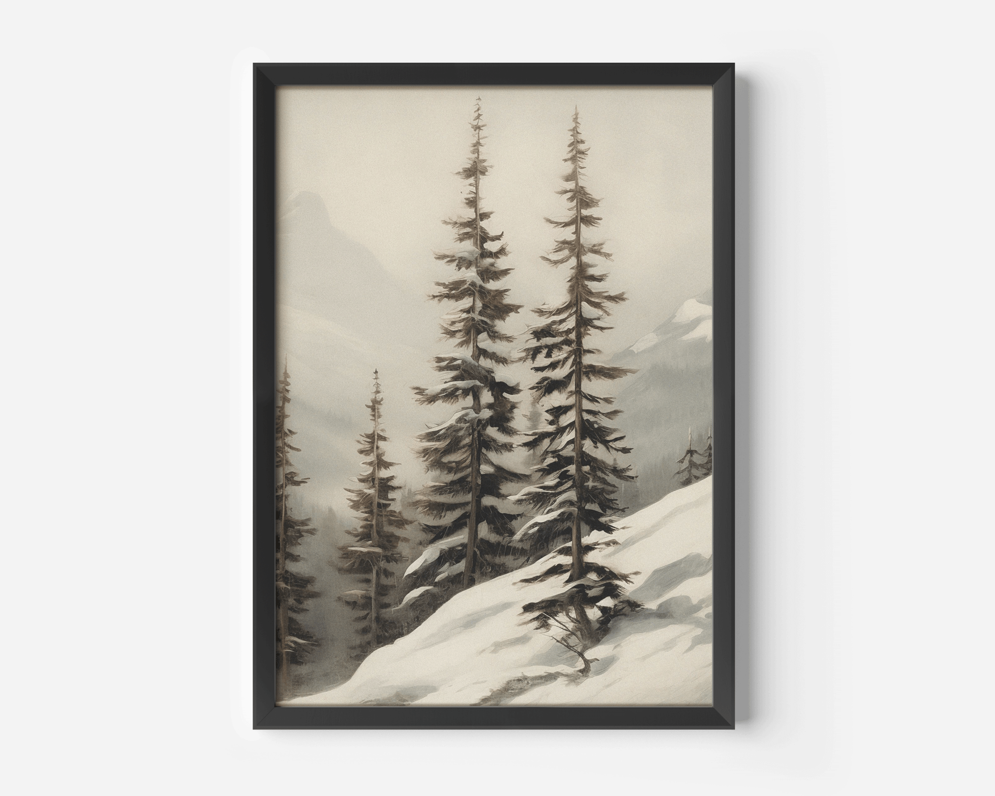 Neutral winter pine tree landscape wall art in black frame with snowy mountains, cozy rustic winter decor