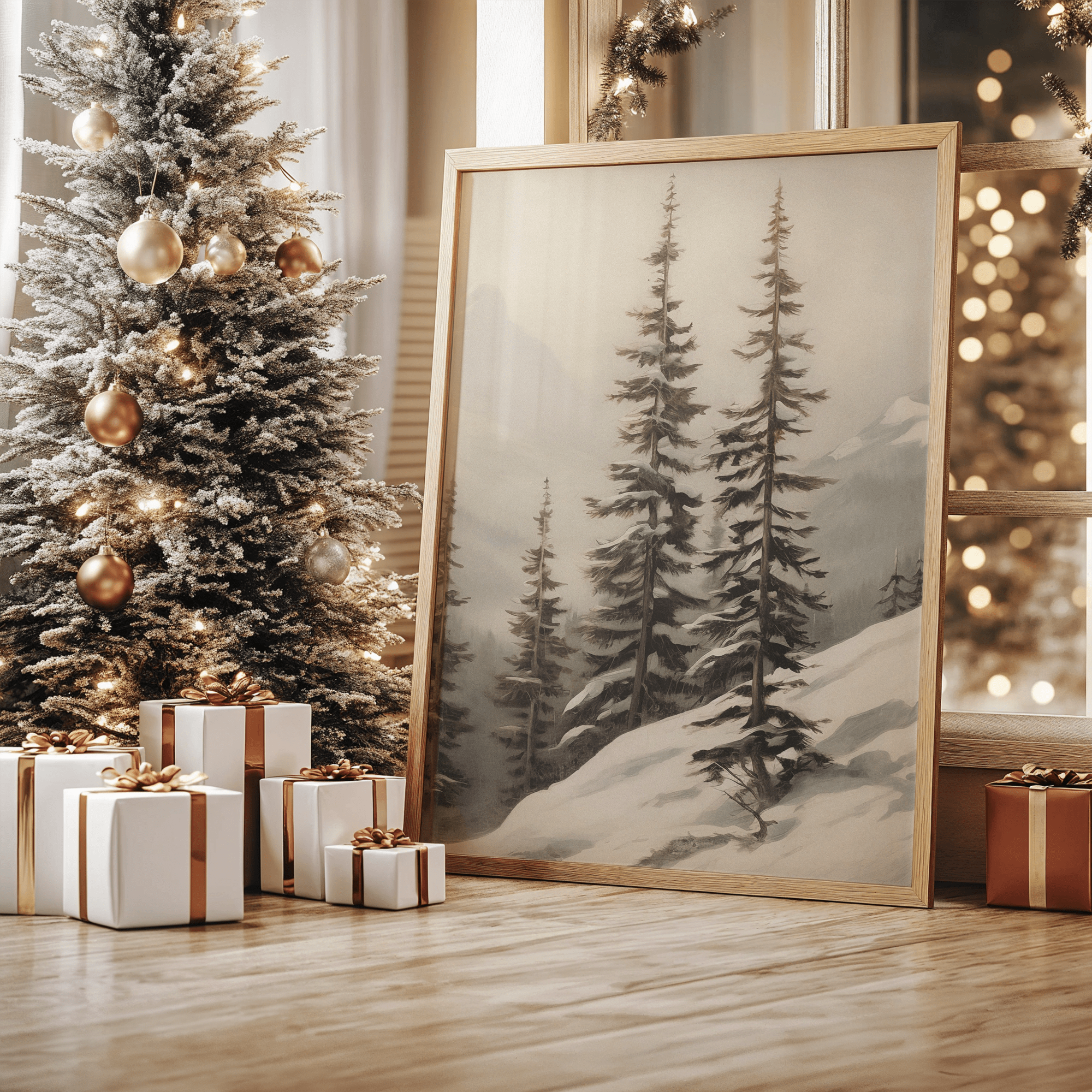 Framed winter pine tree mountain art leaning beside Christmas tree and wrapped gifts in cozy holiday home, perfect for living room or hallway wall decor.