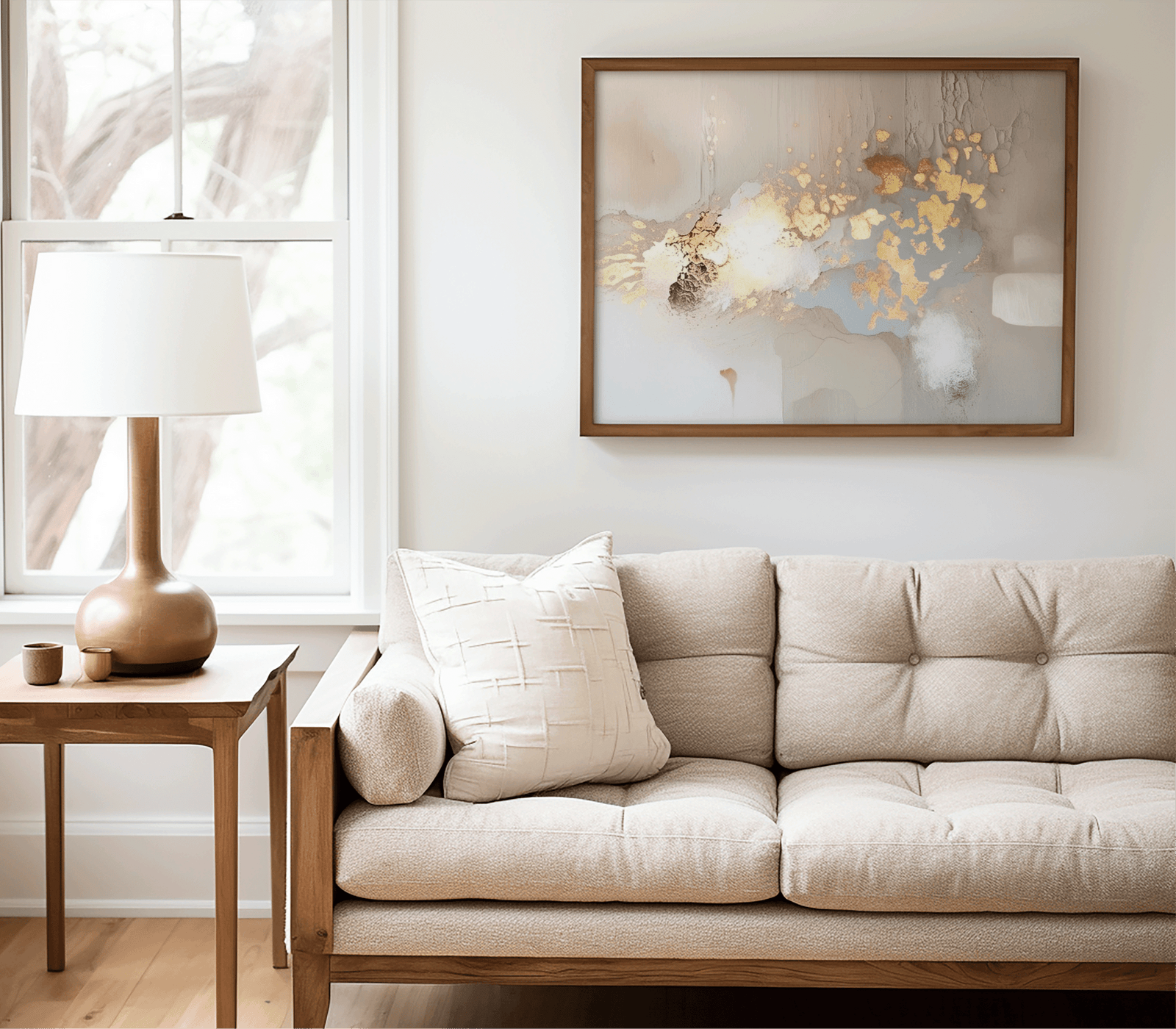 Gold, beige, and grey abstract wall art framed with a brown wooden frame and styled above a beige tufted living room sofa, featuring metallic gold accents and soft neutral tones. 