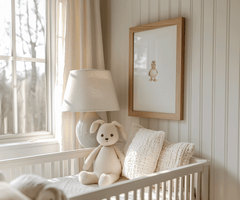 Neutral watercolour duckling print in a wooden frame for a nursery, bedroom or playroom