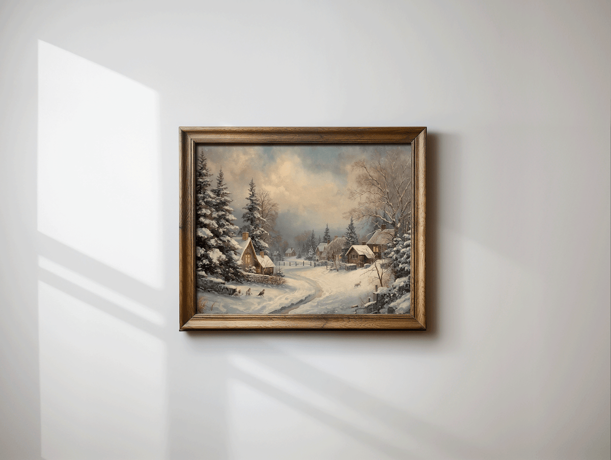 Vintage snowy cottage village print in a natural wood frame