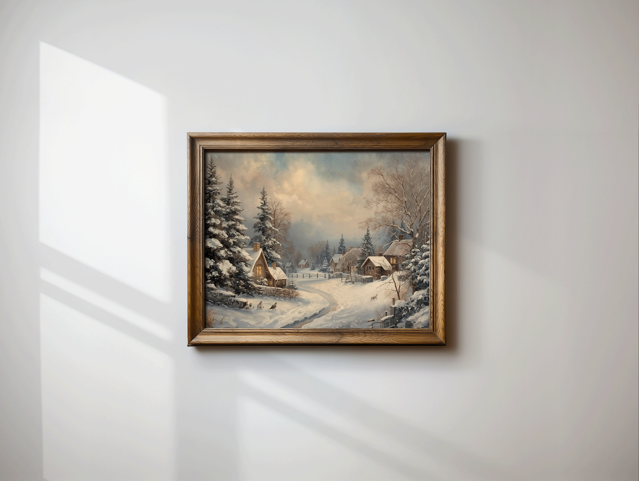 Rustic wooden frame canvas wall art print featuring a detailed oil painting of a snow-covered cottage village, displayed on a softly lit wall as elegant winter or Christmas home decor.