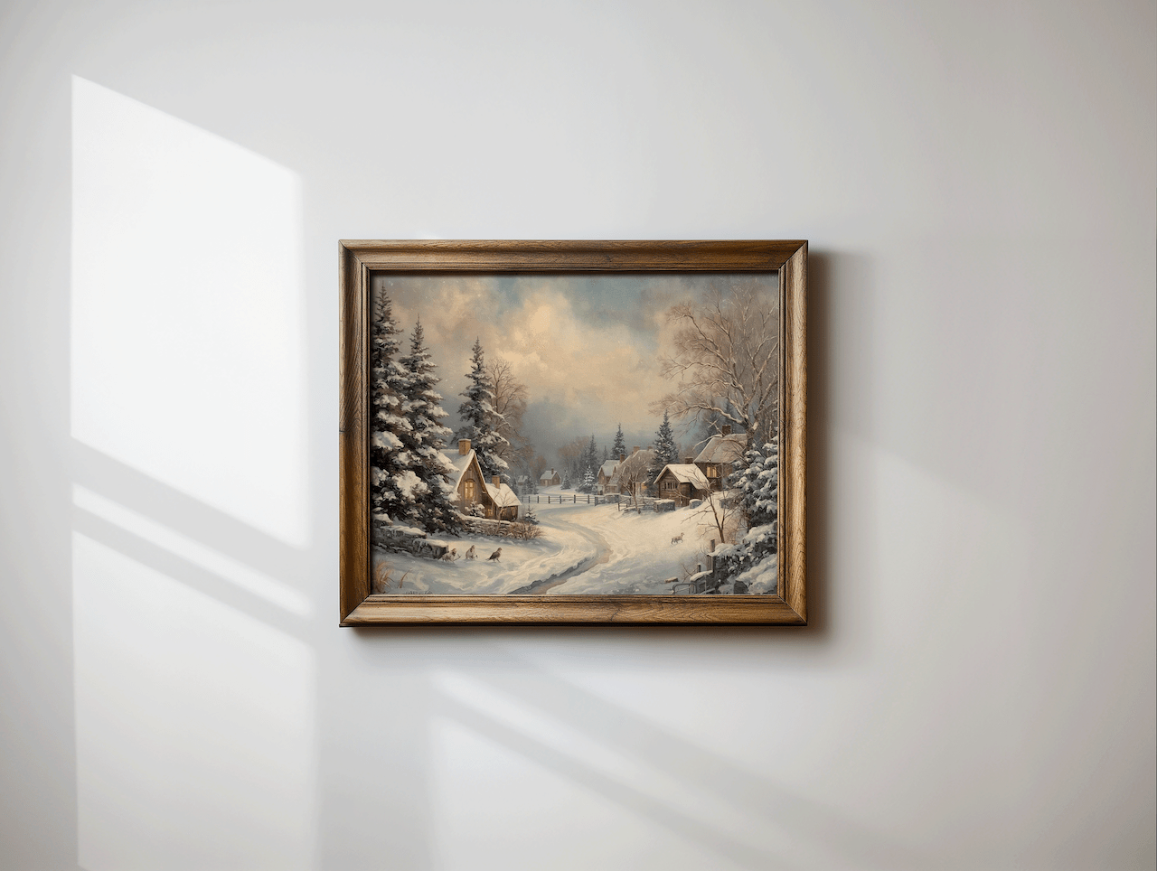 Rustic wooden frame canvas wall art print featuring a detailed oil painting of a snow-covered cottage village, displayed on a softly lit wall as elegant winter or Christmas home decor.