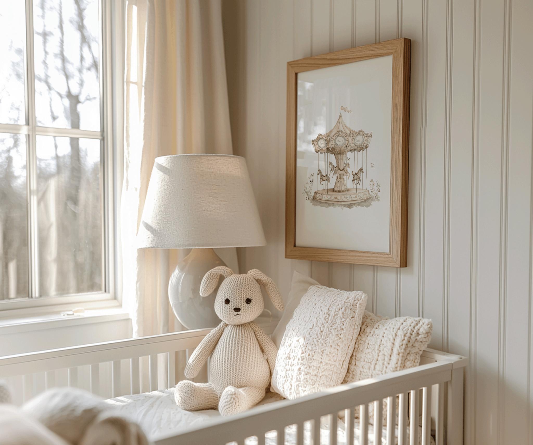 Wooden-framed canvas carousel wall art print featuring a whimsical woodland-inspired design with neutral pastel tones above a crib in a little girl's nursery

