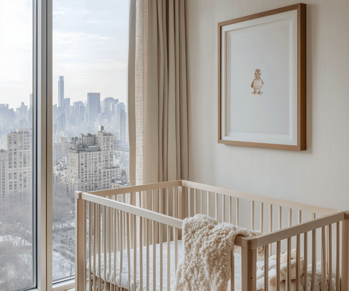 Woodland baby duckling wall art print with a brown wooden frame, beige and cream watercolor hues, ideal for neutral nursery themes