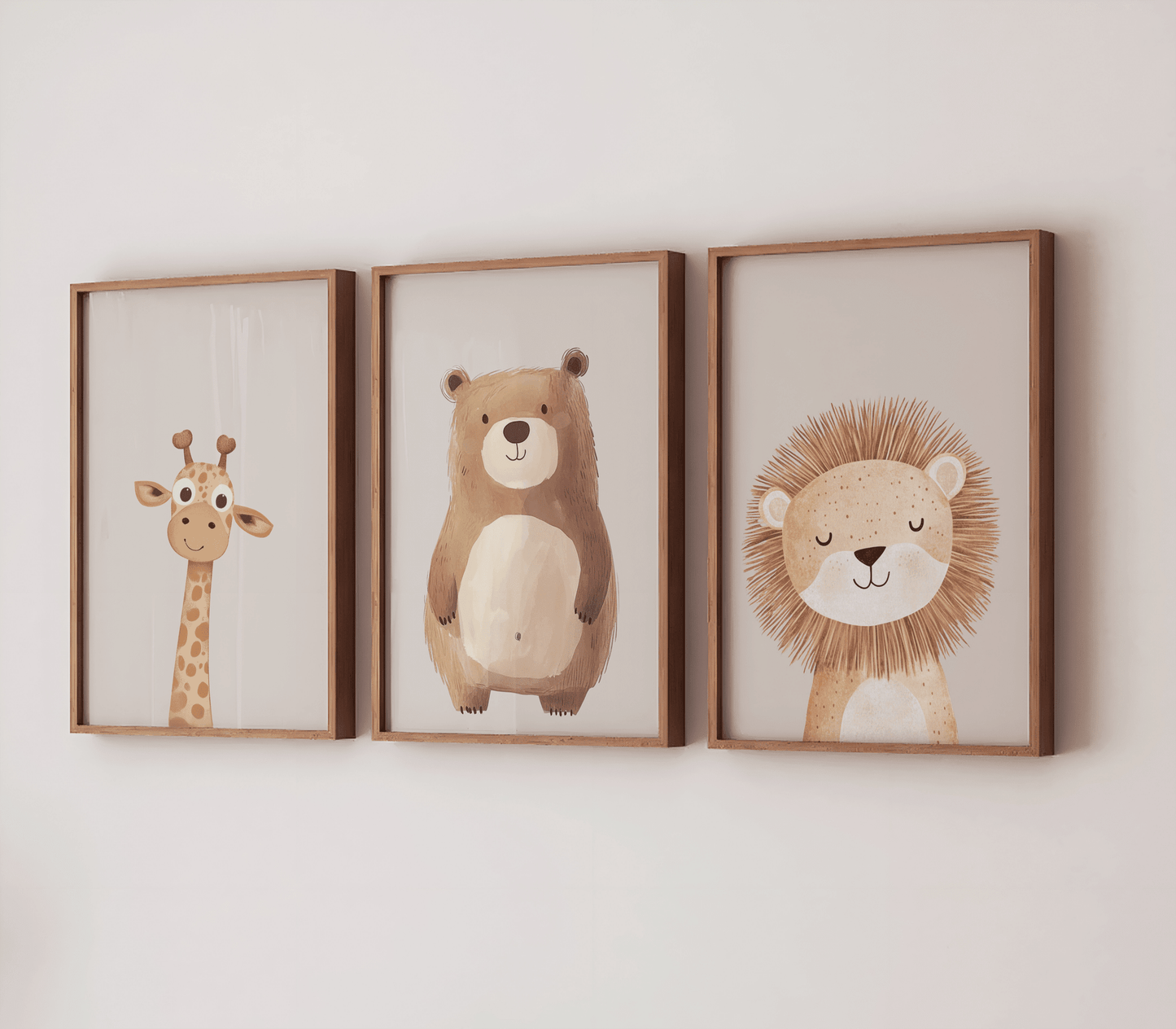 Woodland animal nursery canvas wall art set with brown wooden frames, of a lion, bear and giraffe in neutral vintage style