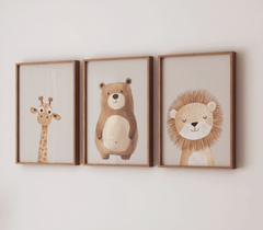 Woodland animal nursery canvas wall art set with brown wooden frames, of a lion, bear and giraffe in neutral vintage style