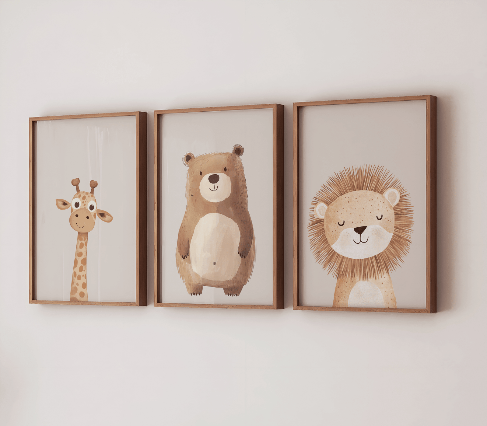Woodland animal nursery canvas wall art set with brown wooden frames, of a lion, bear and giraffe in neutral vintage style