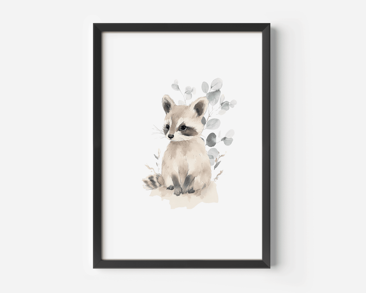 Woodland raccoon print with watercolour eucalyptus leaves in a black frame