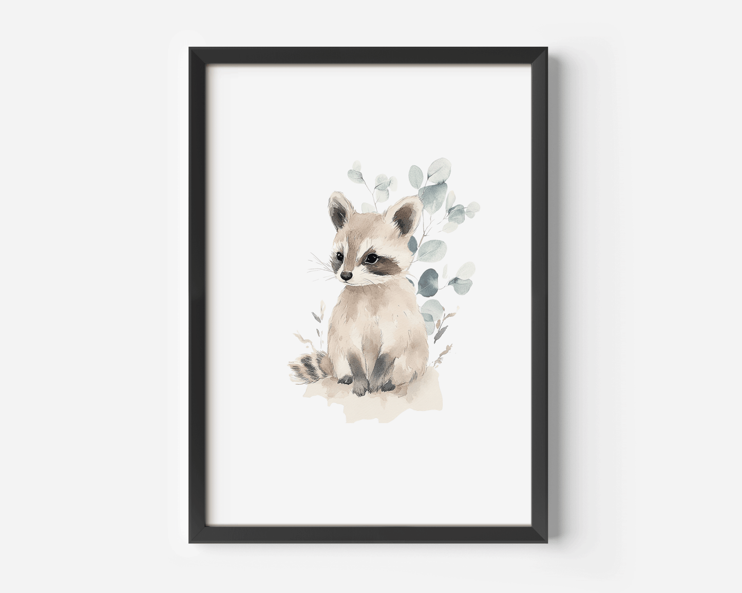 Woodland raccoon animal print, with watercolor eucalyptus leaves, framed in black, watercolor wall art for contemporary woodland nursery décor
