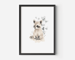 Woodland raccoon print with watercolour eucalyptus leaves in a black frame