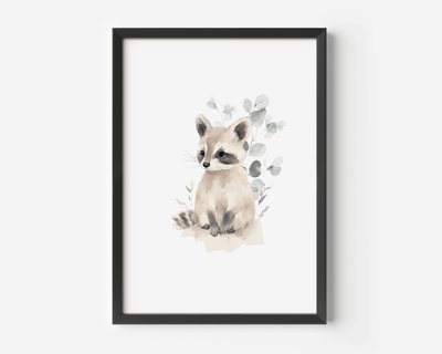 Woodland raccoon animal print, with watercolor eucalyptus leaves, framed in black, watercolor wall art for contemporary woodland nursery décor