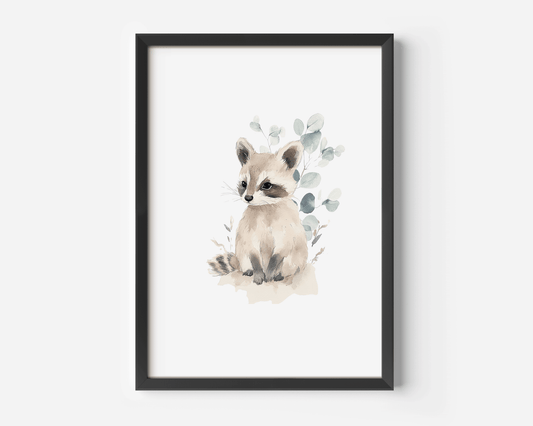 Woodland raccoon animal print, with watercolor eucalyptus leaves, framed in black, watercolor wall art for contemporary woodland nursery décor