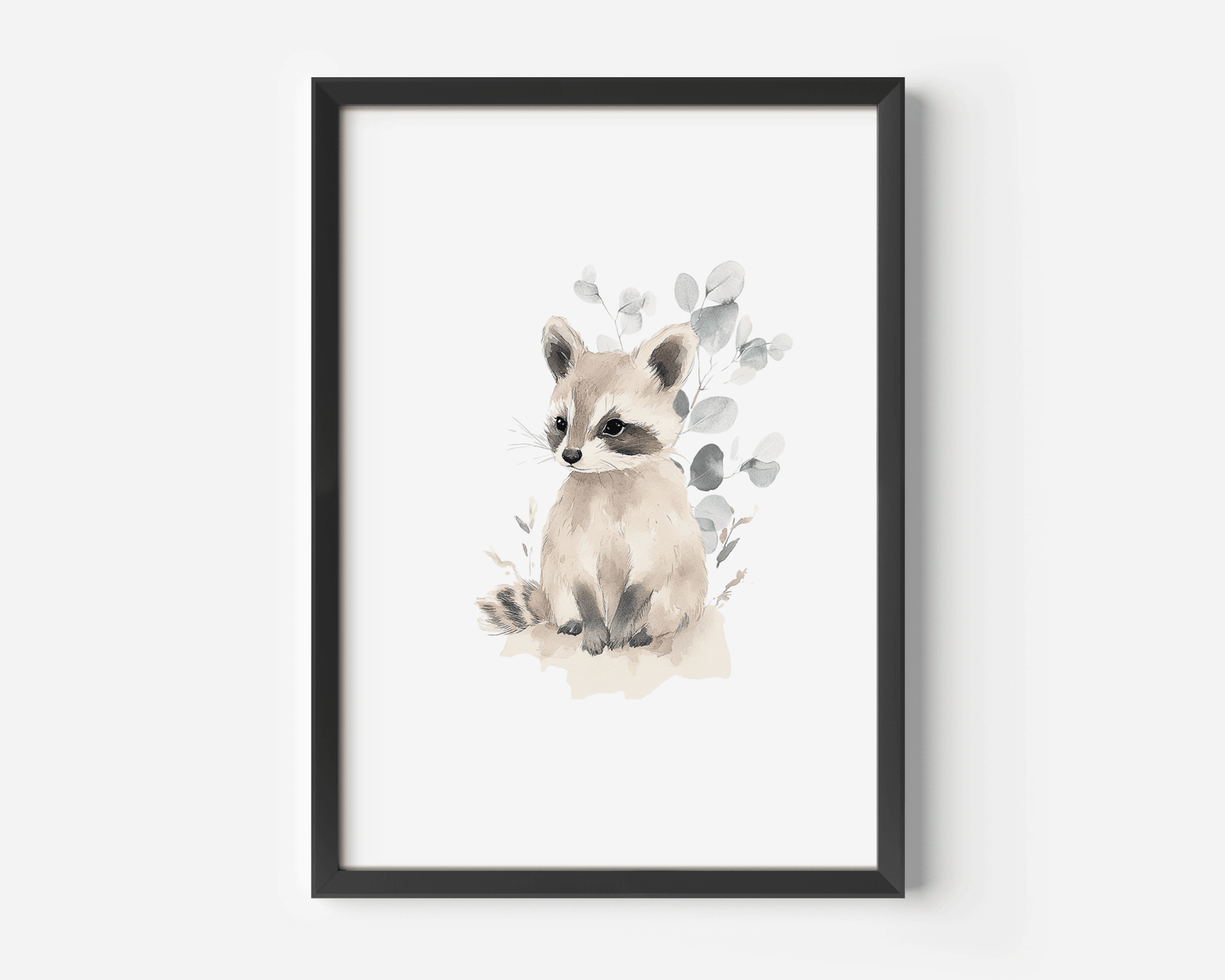 Woodland raccoon animal print, with watercolor eucalyptus leaves, framed in black, watercolor wall art for contemporary woodland nursery décor