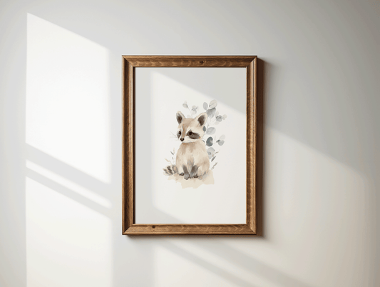 Woodland Raccoon Nursery Wall Art | Neutral Animal Print with Eucalyptus Foliage - Buy Wall Art