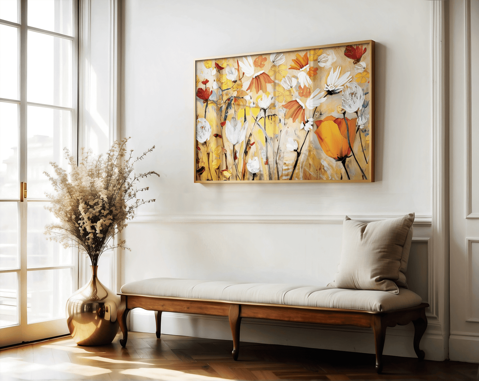 Decorative yellow and orange botanical wall art print with abstract floral patterns on a wall above a bench with natural light coming through a window.
