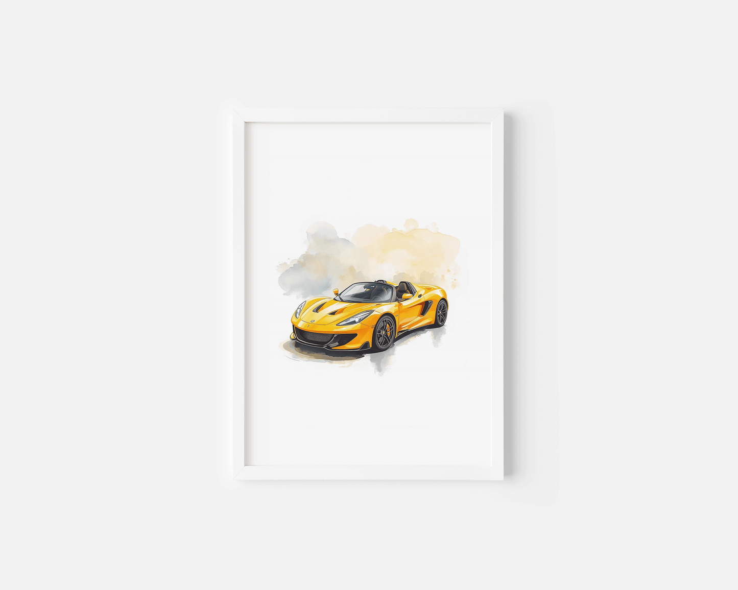 Minimalist watercolor illustration of a yellow sports car with transparent paint washes and glossy details, framed in modern white and photographed against a bright backdrop; perfect boys’ nursery decor for little fans of toy racers and hot wheels car wall art.