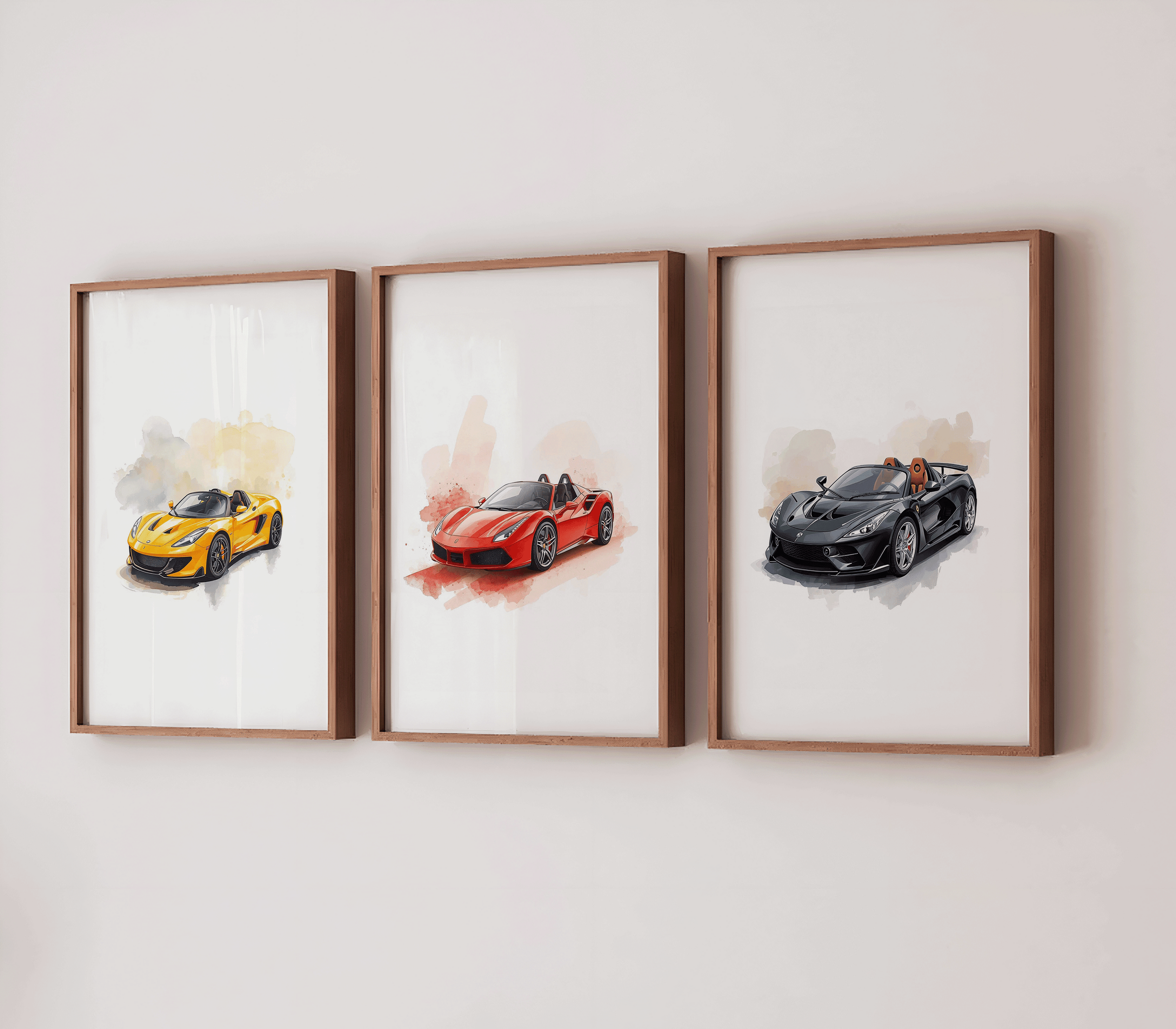 Three framed watercolor sports car prints (yellow, red, black) styled as a boys’ playroom gallery wall, featuring whimsical watercolor splashes and glossy illustrated details; perfect decor for car-obsessed kids who love fast toys like hot wheels car wall art.
