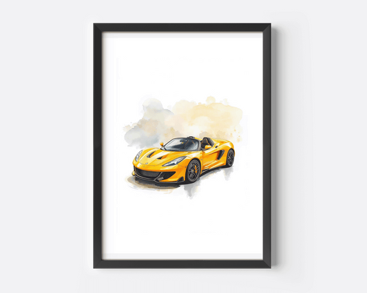 Bright yellow children’s sports car illustrated in a soft watercolor style with blurred edges and pastel clouds, displayed in a sleek black frame on a clean white background; ideal for boys who love racing vehicles and themes inspired by hot wheels car wall art.