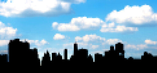 New York City panoramic skyline buildings with pixelated 8-bit effect