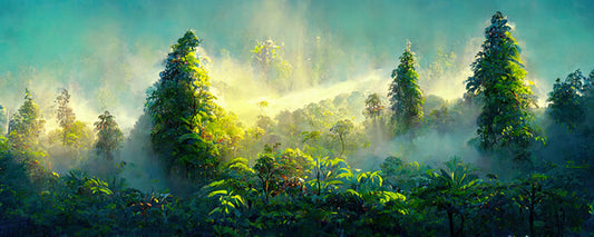 A beautiful fairytale enchanted rainforest with sunbeams. Digital Painting Background, Illustration
