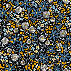 Yellow, blue and white flowers mix, pattern illustration