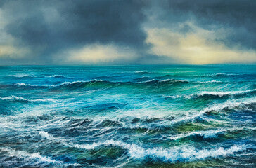 Beautiful seascape, blue waves. Digital oil painting, imitation oil paint, classical art, picture, clouds over sea, stormy sea and sky