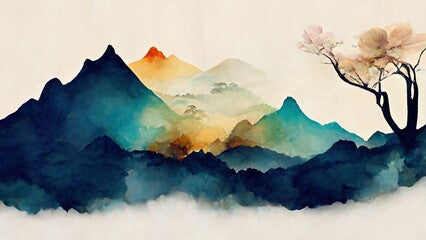 Illustration with a watercolor brush. Minimalistic mountain landscape. Japanese style. 3d rendering. Raster illustration.