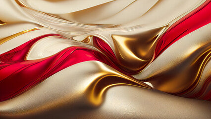 Abstract Christmas wallpaper. Flowing glossy creamy red, white and gold background. Texture imitating running painting with smooth details. 3D rendering for Xmas graphic design, banner, poster