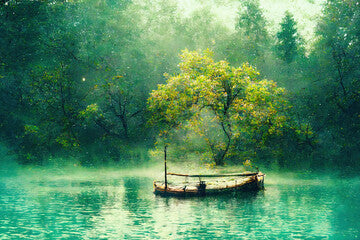 " A boat rests on the lagoon "