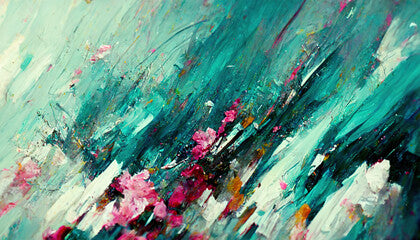 Abstract painting. Colorful background. Floral design. Turquoise blue pink oil ink brush stroke mess creative art collage