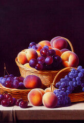 renaissance still life painting with a wicker basket of plums, grapes and peaches, rough canvas texture