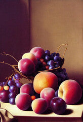 renaissance still life painting with plums, grapes and peaches, rough canvas texture