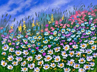 Flowers, oil paintings summer landscape, flowers in the field. Artwork, field of wildflowers