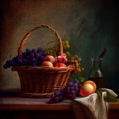 renaissance still life painting of a wicker basket of fruits, a tablecloth in rough fabric, rough canvas texture