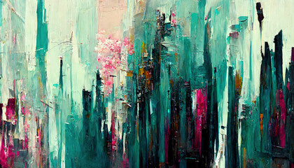 Abstract painting. Art background. Urban landscape. Blue pink color oil ink cityscape creative design collage