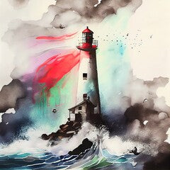 Lighthouse on the rock. Spatter and drips of paint. Beautiful illustration Generated by Ai, is not based on any original image, character or person