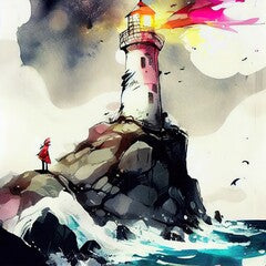 Lighthouse on the rock. Spatter and drips of paint. Beautiful illustration Generated by Ai, is not based on any original image, character or person