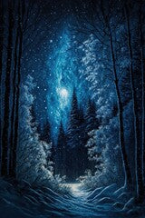 Winter forest covered with snow at night, magical lights, illustrative landscape