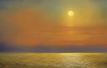 Digital oil paintings sea landscape, sunset over the sea, sunset on the beach. Artwork, fine art