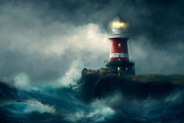 Oil paintings sea landscape, fine art, artwork, lighthouse on the coast, lighthouse in the night