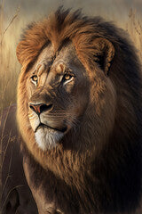 A beautiful image of an African lion in a plain of the African savannah in eastern and southern Africa