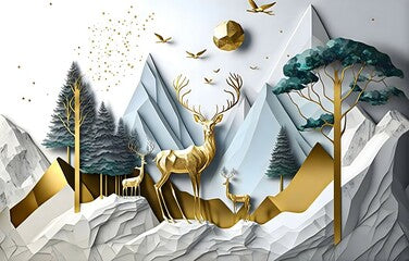 3d modern canvas art mural landscape wallpaper. forest and white marble background. golden deer on mountain , golden birds in sky and Christmas tree, and mountains.