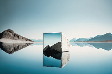 3d render, abstract fantastic panoramic background with round mirror geometric shapes among lakes and rocks.. Landscape under the clear blue sky. Modern minimal aesthetic wallpaper