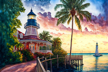Key West, Florida, lighthouse, watercolor painting. Generative AI